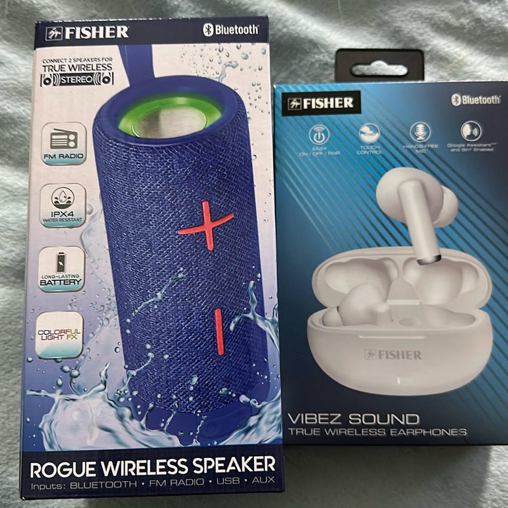 Fisher rogue wireless speaker and Fisher vibes sound true wireless earphones NIB